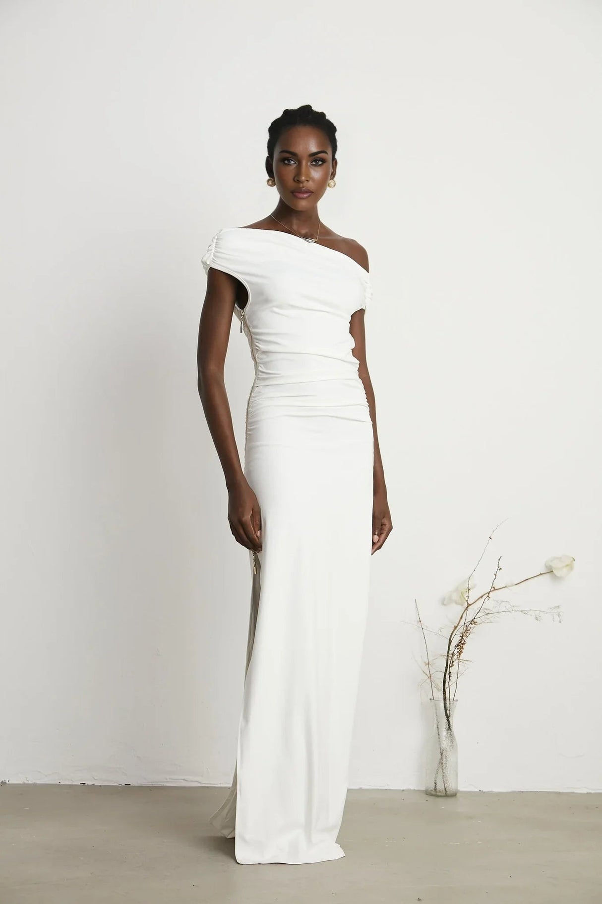 Amelina Maxi Dress - Off - The - Shoulder Design - Side Zip Fastening - Pleat Detailing - Side Slit Feature