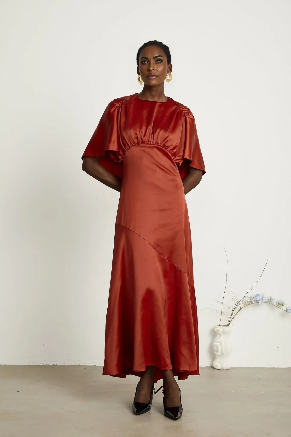 Amelina Maxi Dress - Satin Finish - Cape Sleeves - Asymmetric Hemline - Open Back Design