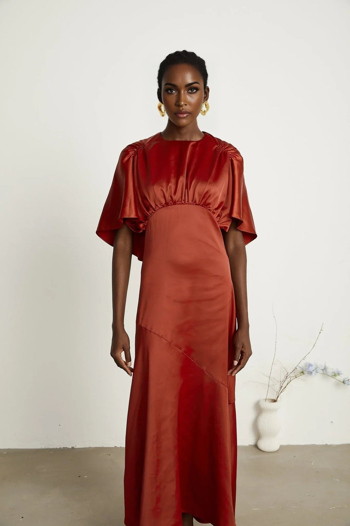 Amelina Maxi Dress - Satin Finish - Cape Sleeves - Asymmetric Hemline - Open Back Design