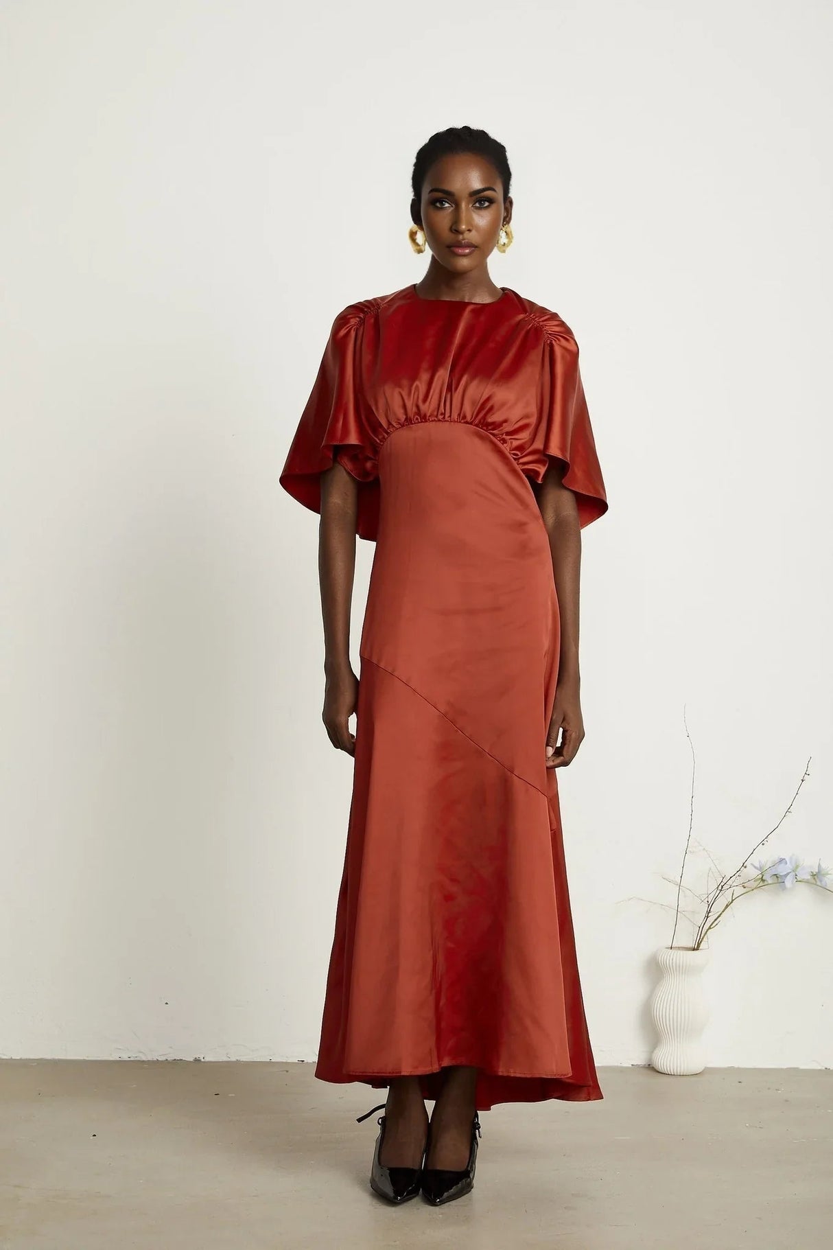 Amelina Maxi Dress - Satin Finish - Cape Sleeves - Asymmetric Hemline - Open Back Design