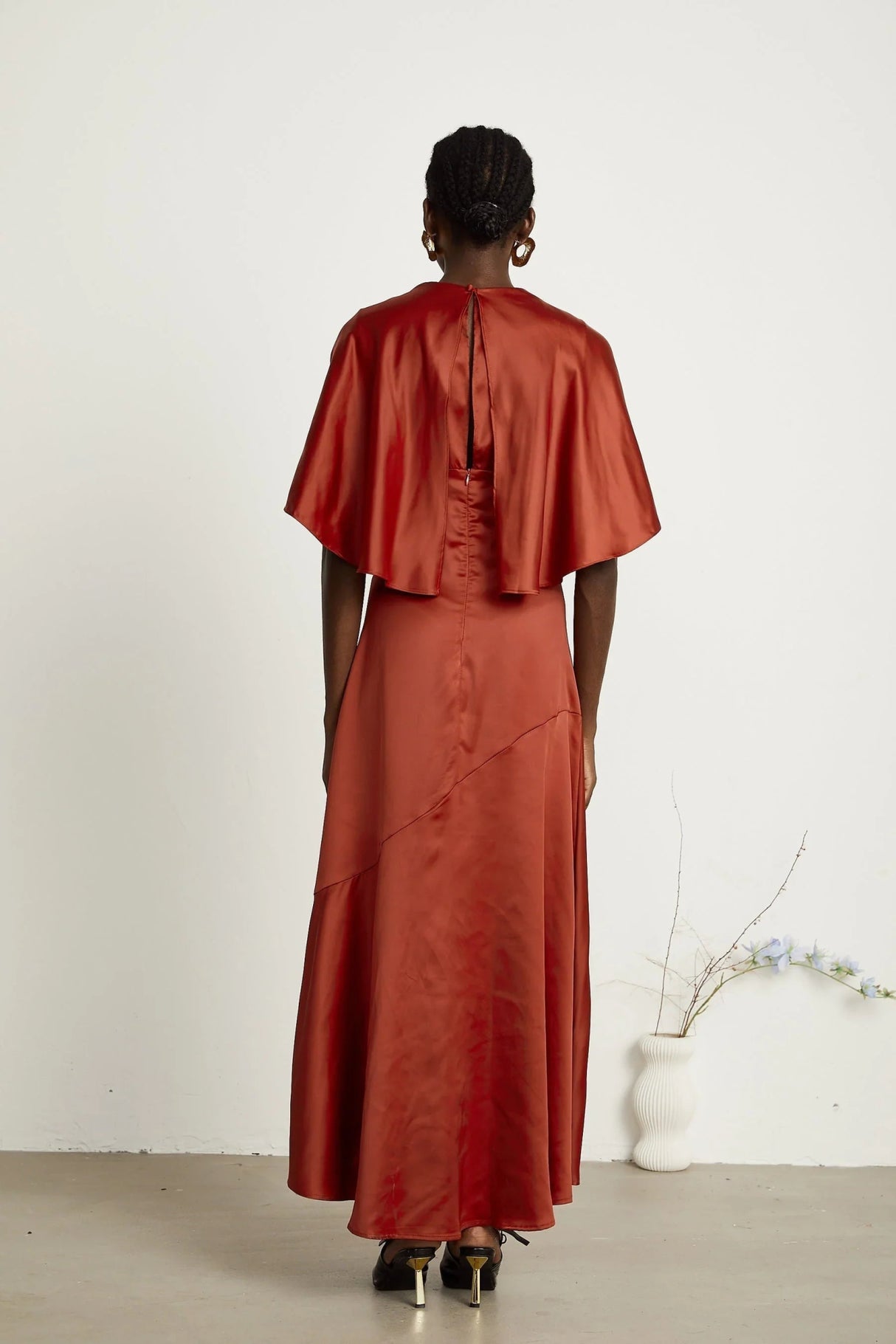 Amelina Maxi Dress - Satin Finish - Cape Sleeves - Asymmetric Hemline - Open Back Design