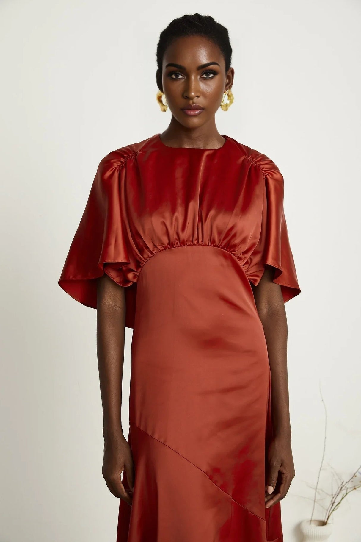 Amelina Maxi Dress - Satin Finish - Cape Sleeves - Asymmetric Hemline - Open Back Design