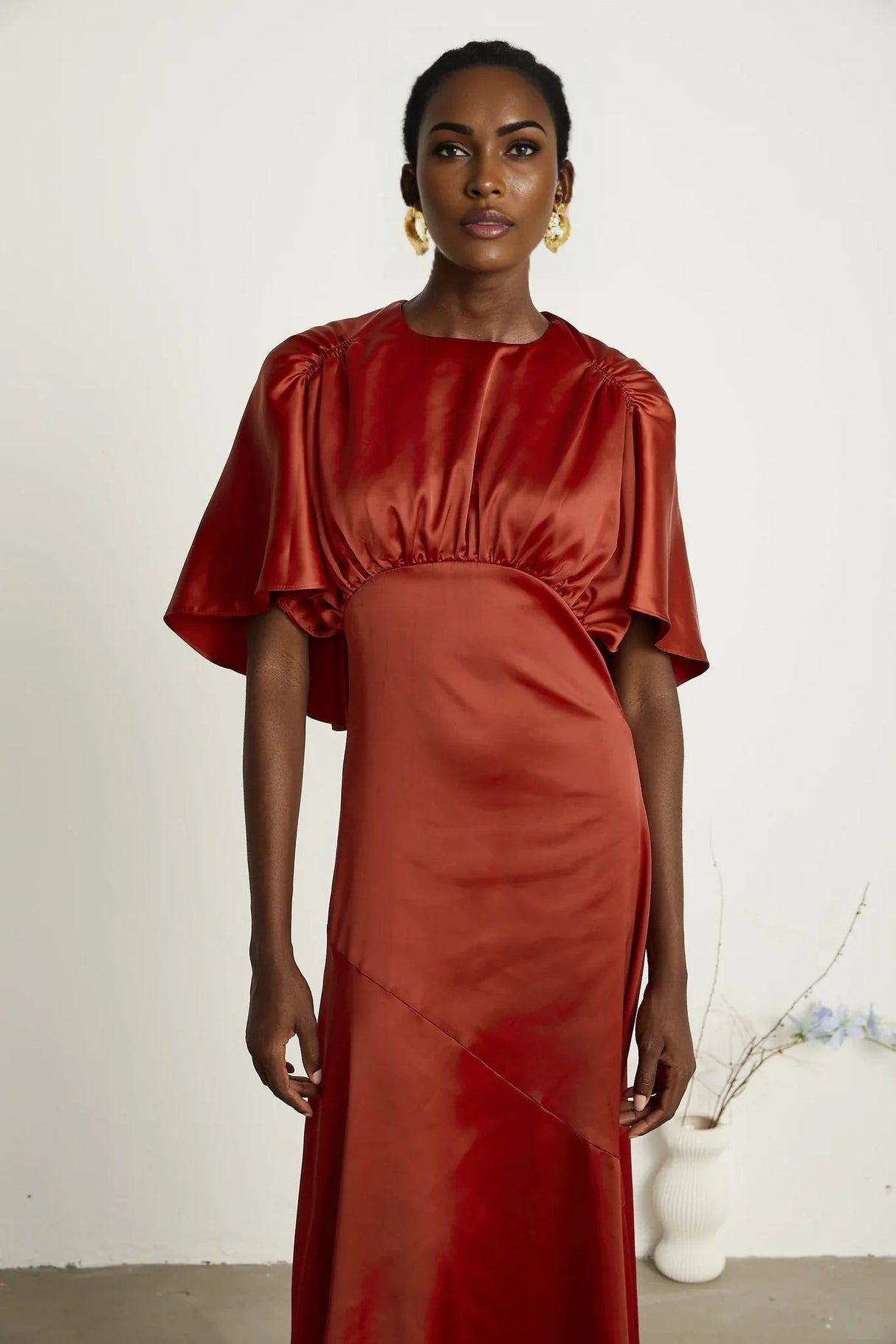 Amelina Maxi Dress - Satin Finish - Cape Sleeves - Asymmetric Hemline - Open Back Design