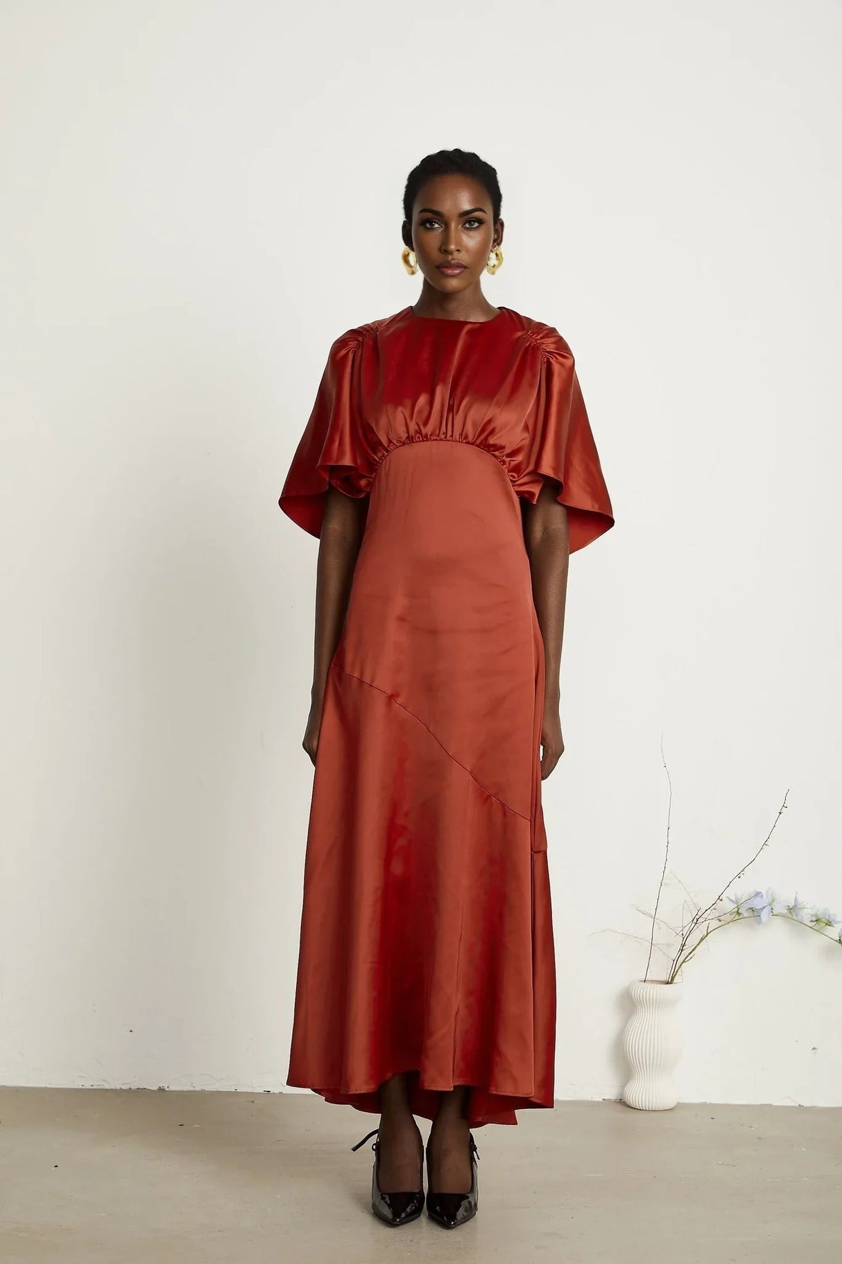 Amelina Maxi Dress - Satin Finish - Cape Sleeves - Asymmetric Hemline - Open Back Design