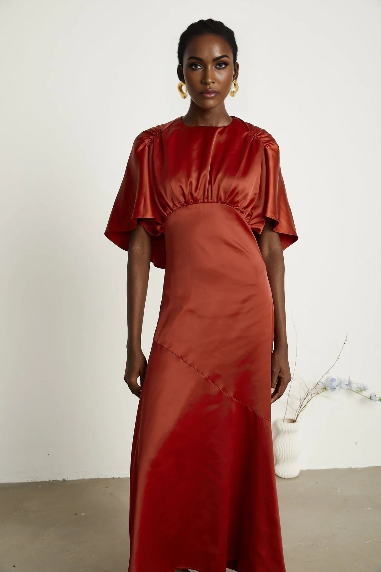 Amelina Maxi Dress - Satin Finish - Cape Sleeves - Asymmetric Hemline - Open Back Design