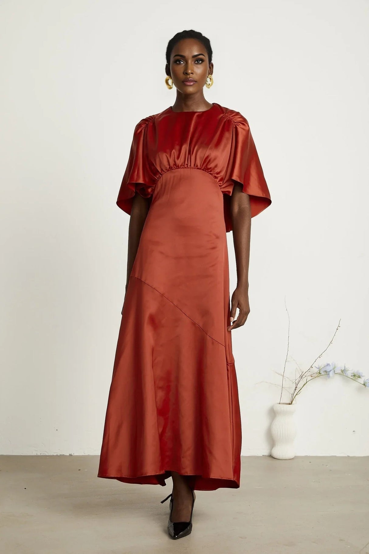 Amelina Maxi Dress - Satin Finish - Cape Sleeves - Asymmetric Hemline - Open Back Design