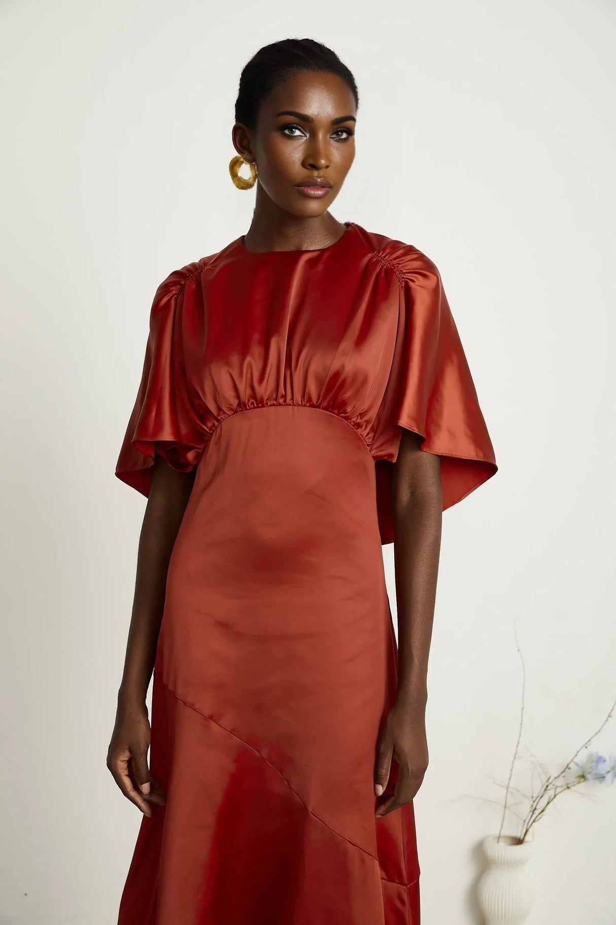 Amelina Maxi Dress - Satin Finish - Cape Sleeves - Asymmetric Hemline - Open Back Design