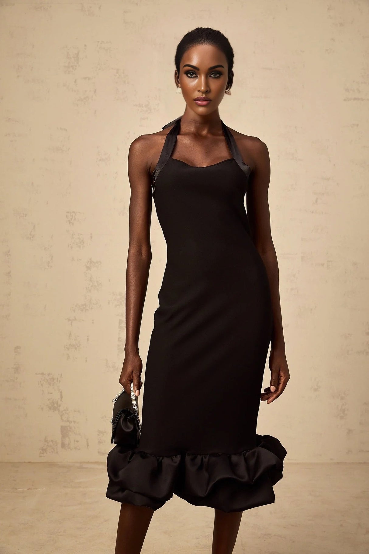 Amelina Midi Dress Black Halter - neck Bubble - Hem