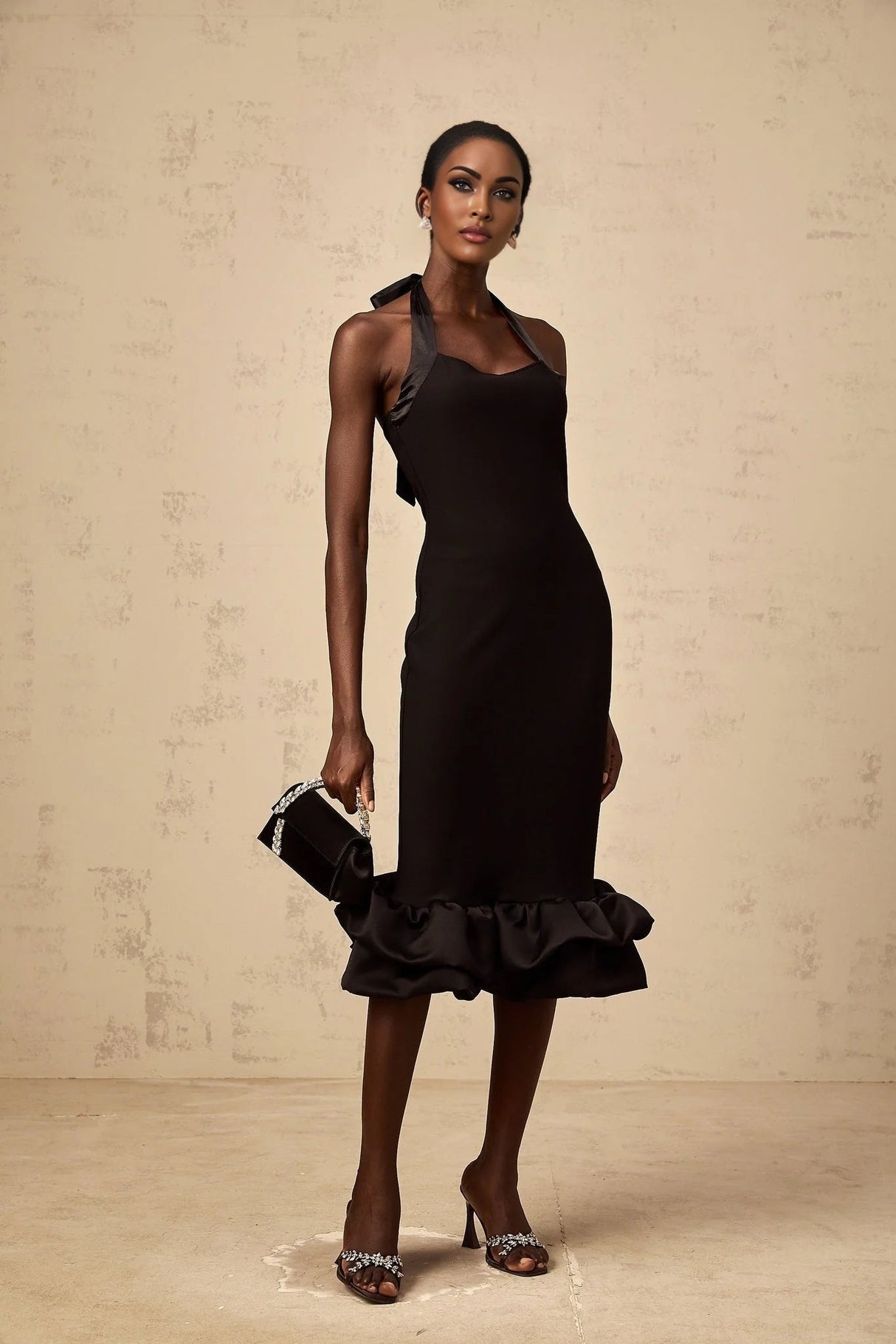 Amelina Midi Dress Black Halter - neck Bubble - Hem