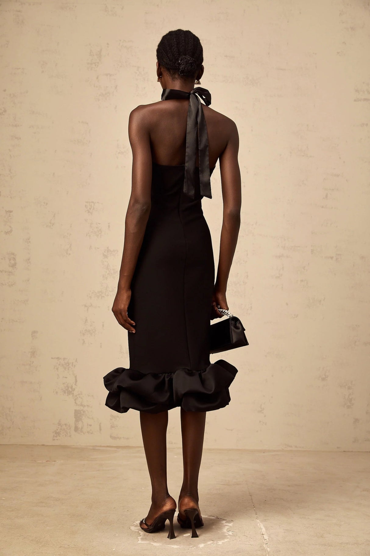 Amelina Midi Dress Black Halter - neck Bubble - Hem