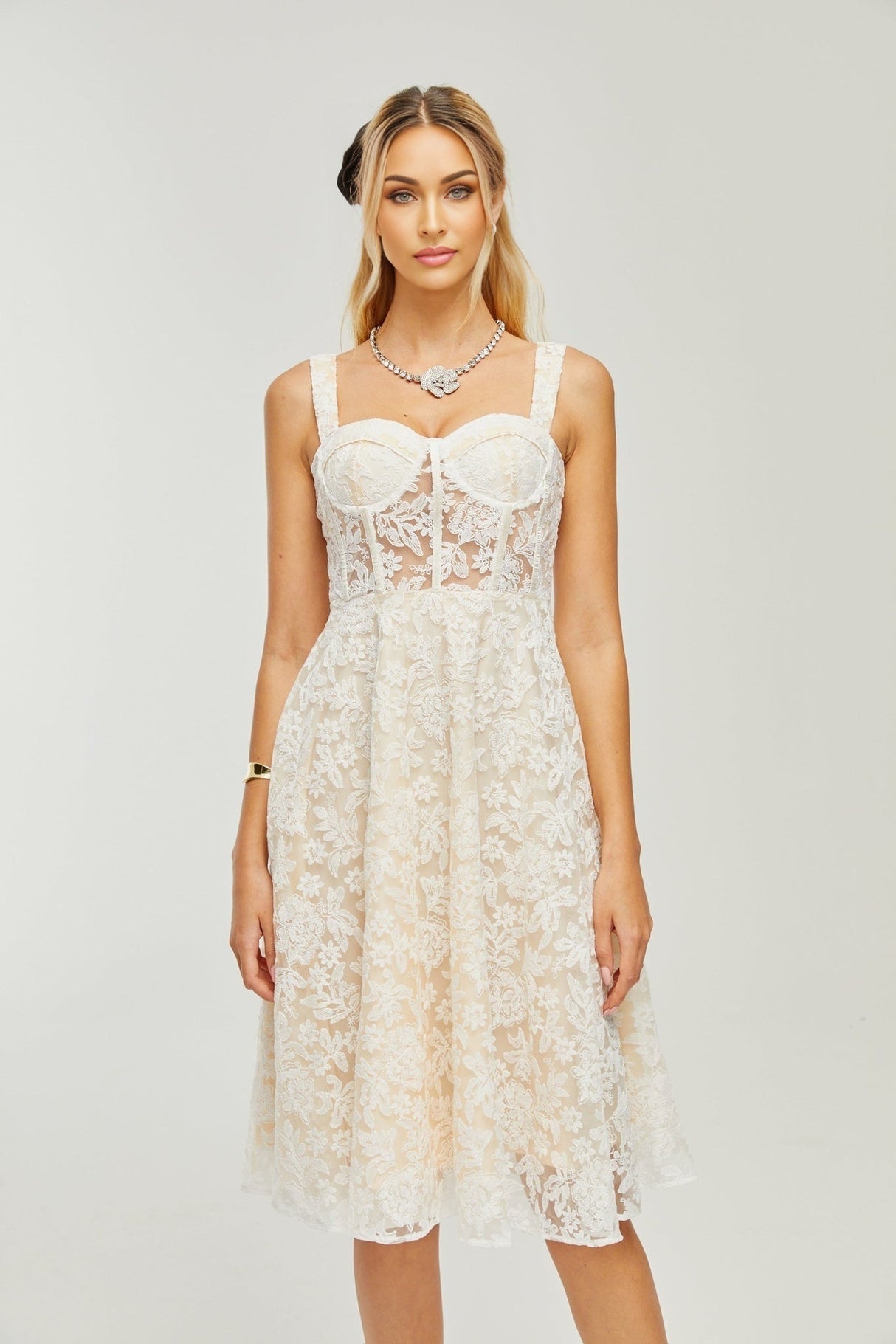 Amelina Midi Dress - Bustier Style - Corset Detailing - Embroidered Design - Spaghetti Straps - Rear Zip Fastening