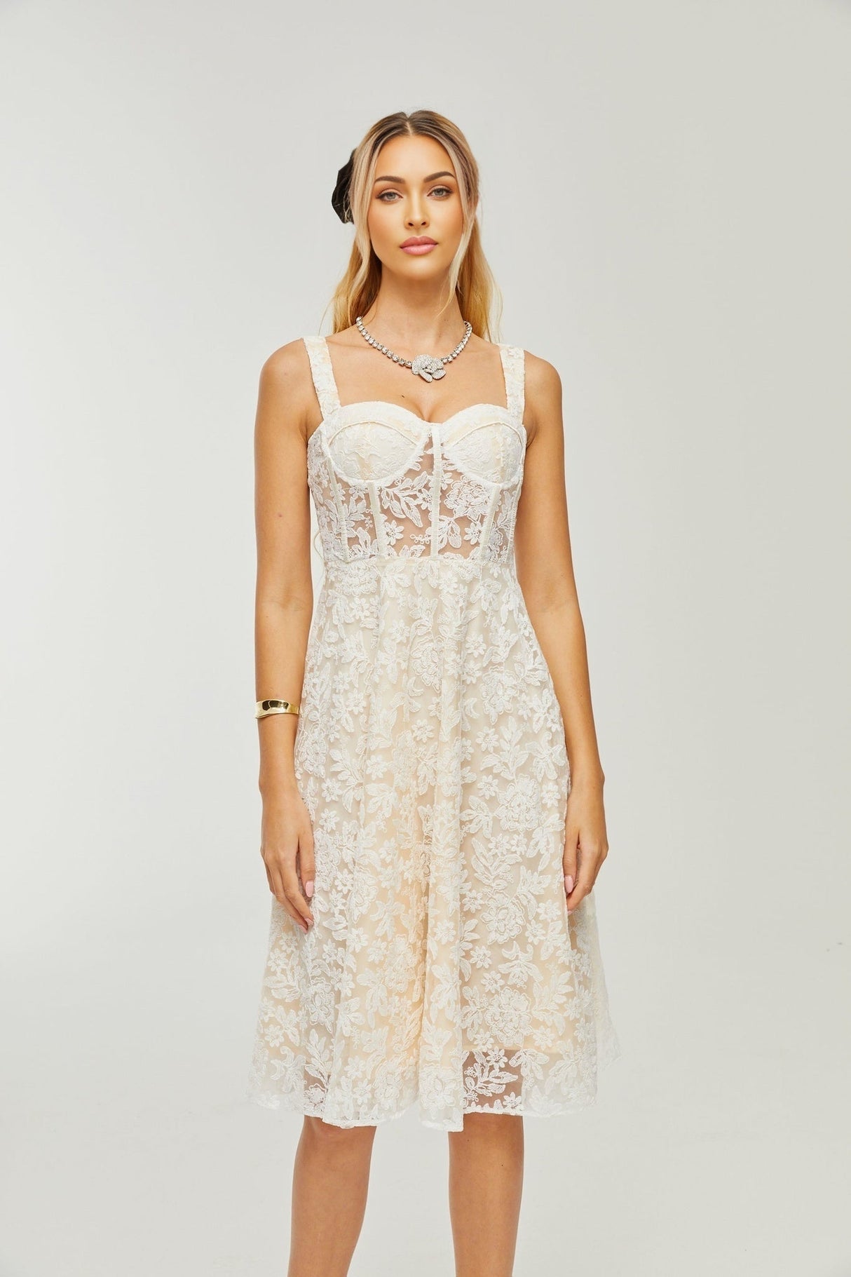 Amelina Midi Dress - Bustier Style - Corset Detailing - Embroidered Design - Spaghetti Straps - Rear Zip Fastening