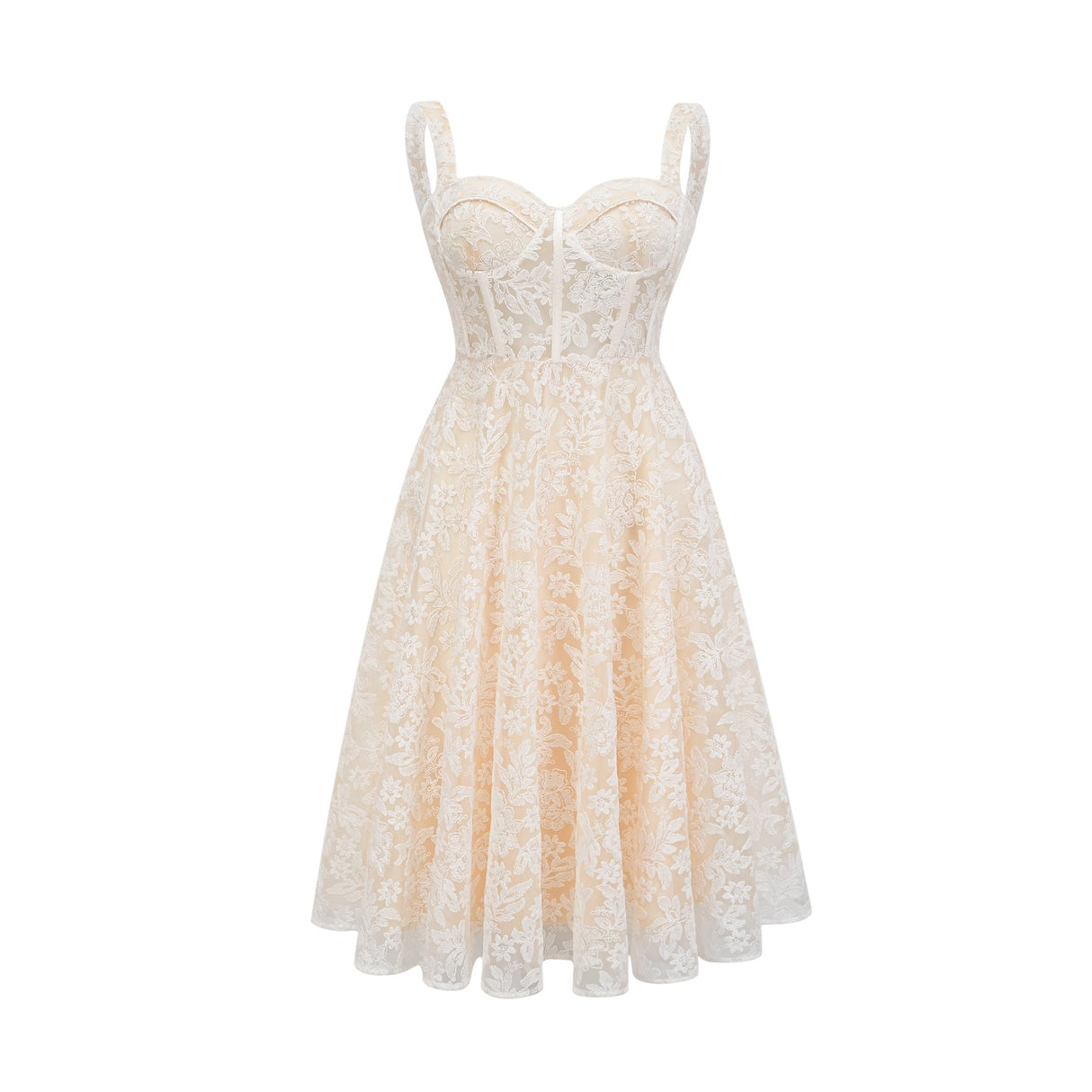 Amelina Midi Dress - Bustier Style - Corset Detailing - Embroidered Design - Spaghetti Straps - Rear Zip Fastening