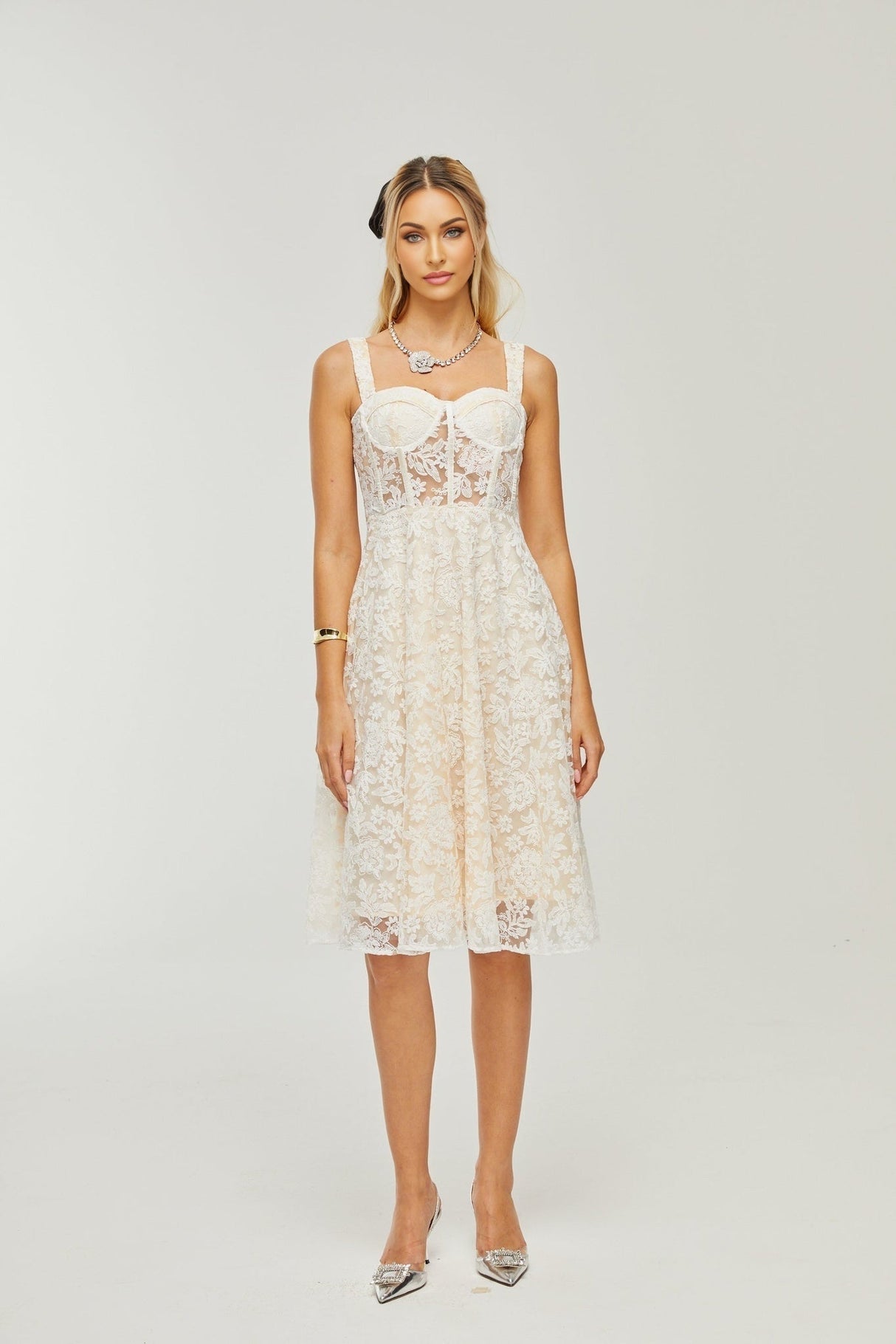 Amelina Midi Dress - Bustier Style - Corset Detailing - Embroidered Design - Spaghetti Straps - Rear Zip Fastening