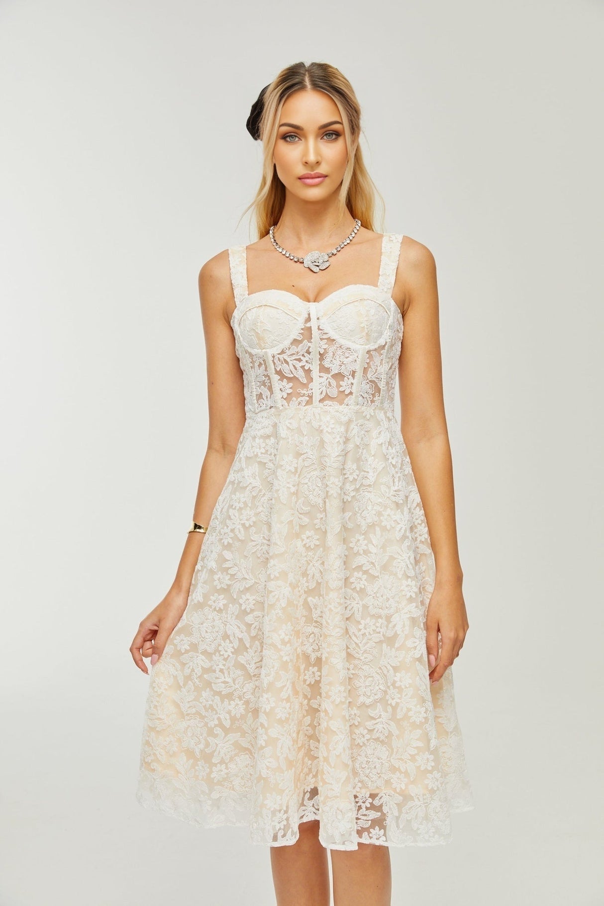 Amelina Midi Dress - Bustier Style - Corset Detailing - Embroidered Design - Spaghetti Straps - Rear Zip Fastening