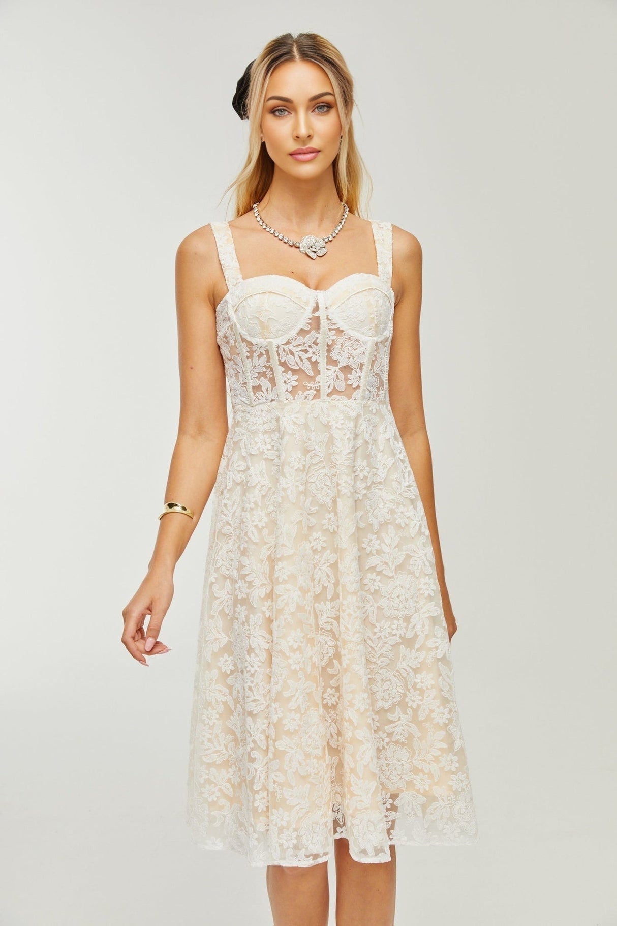 Amelina Midi Dress - Bustier Style - Corset Detailing - Embroidered Design - Spaghetti Straps - Rear Zip Fastening