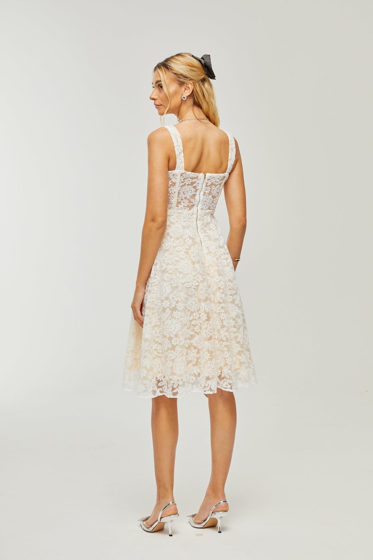 Amelina Midi Dress - Bustier Style - Corset Detailing - Embroidered Design - Spaghetti Straps - Rear Zip Fastening