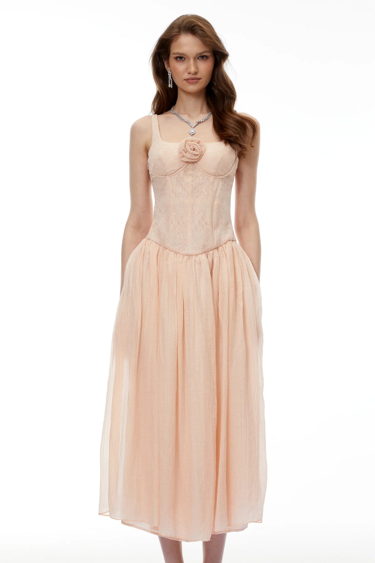 Amina Pink Floral Lace Midi Dress with Panels