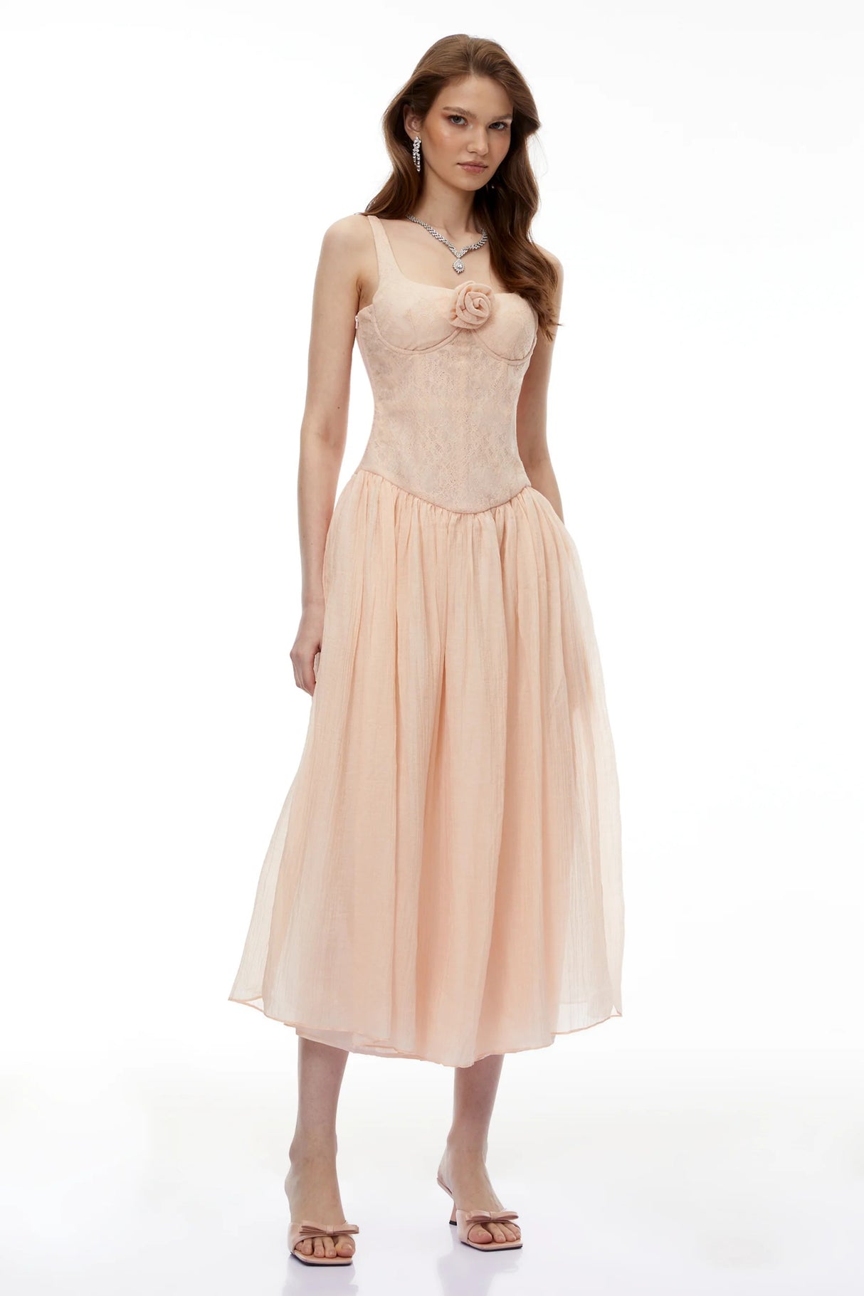 Amina Pink Floral Lace Midi Dress with Panels