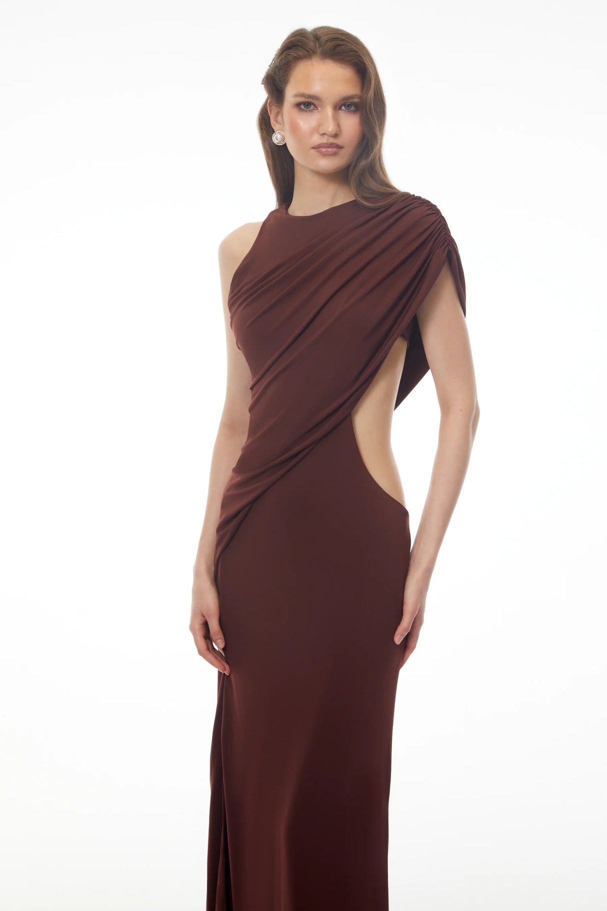 Amore Chocolate Brown One Shoulder Ruched Maxi Dress