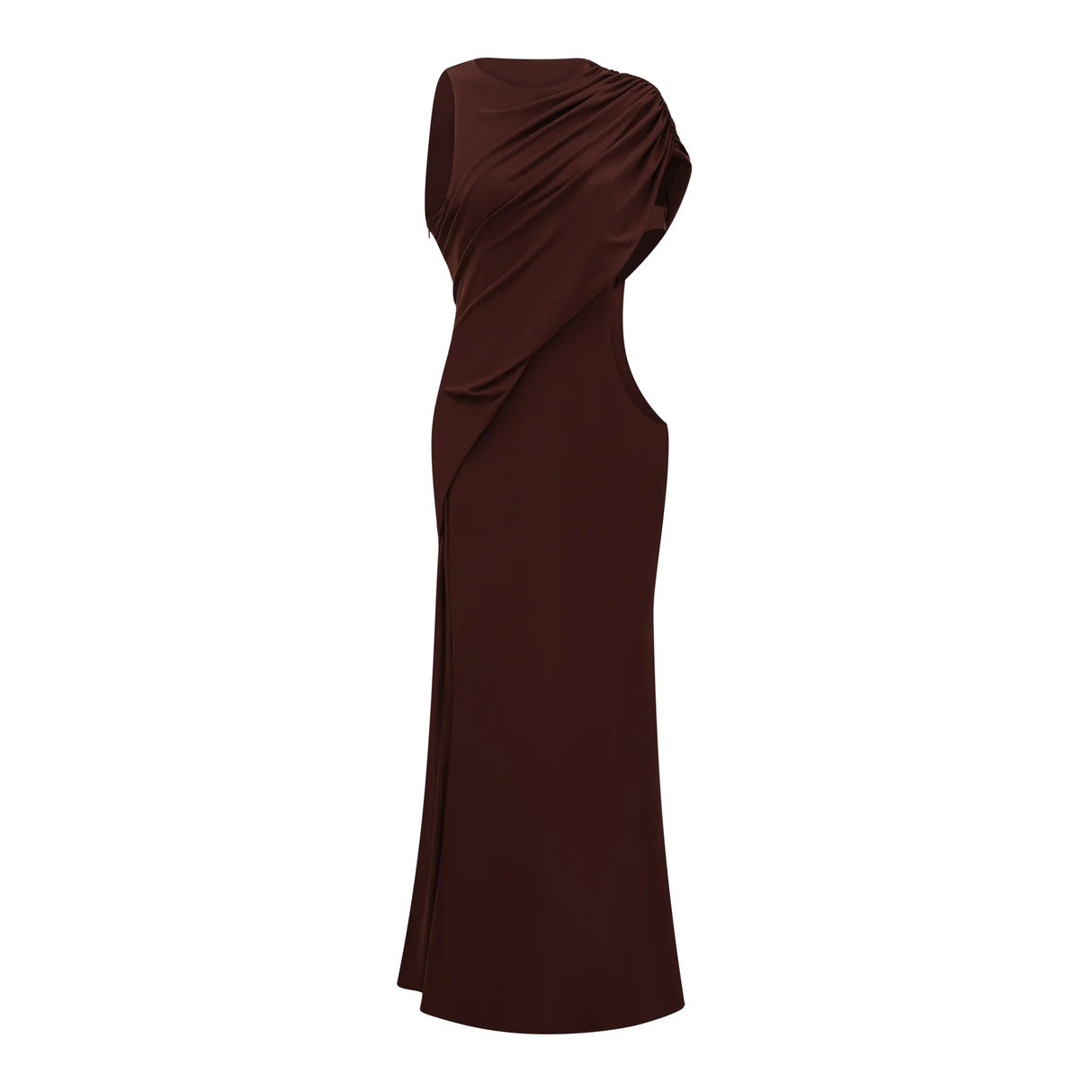 Amore Chocolate Brown One Shoulder Ruched Maxi Dress