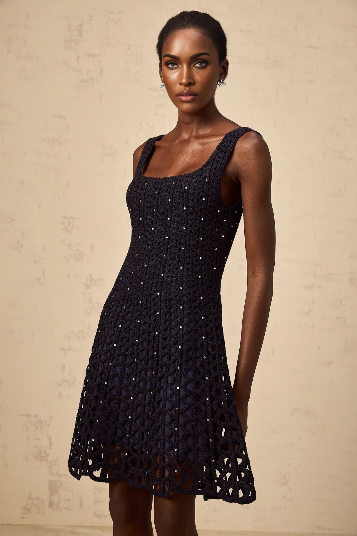 Amy Mini Dress Dark - Blue Crochet - Knit Rhinestone Embellished