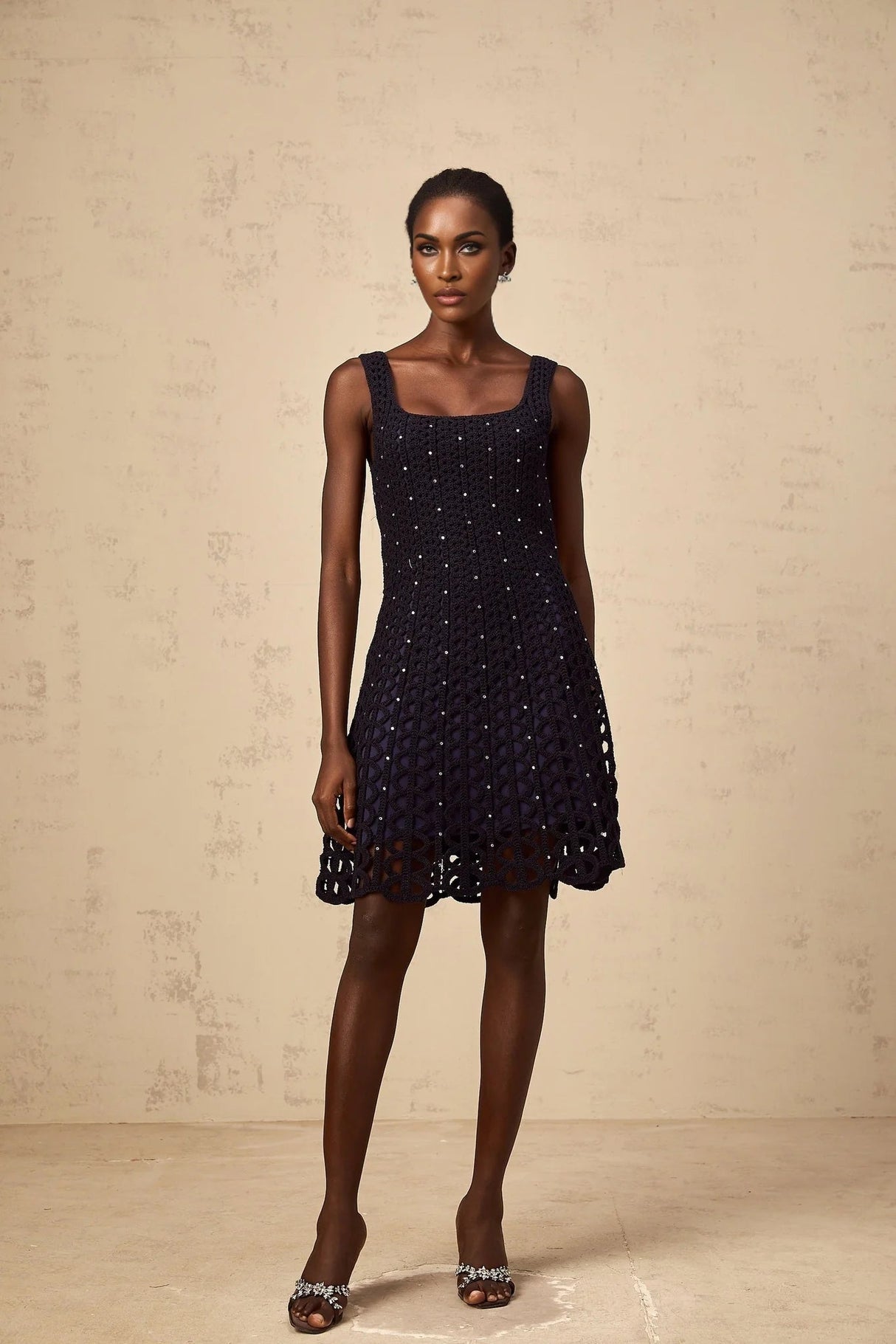 Amy Mini Dress Dark - Blue Crochet - Knit Rhinestone Embellished