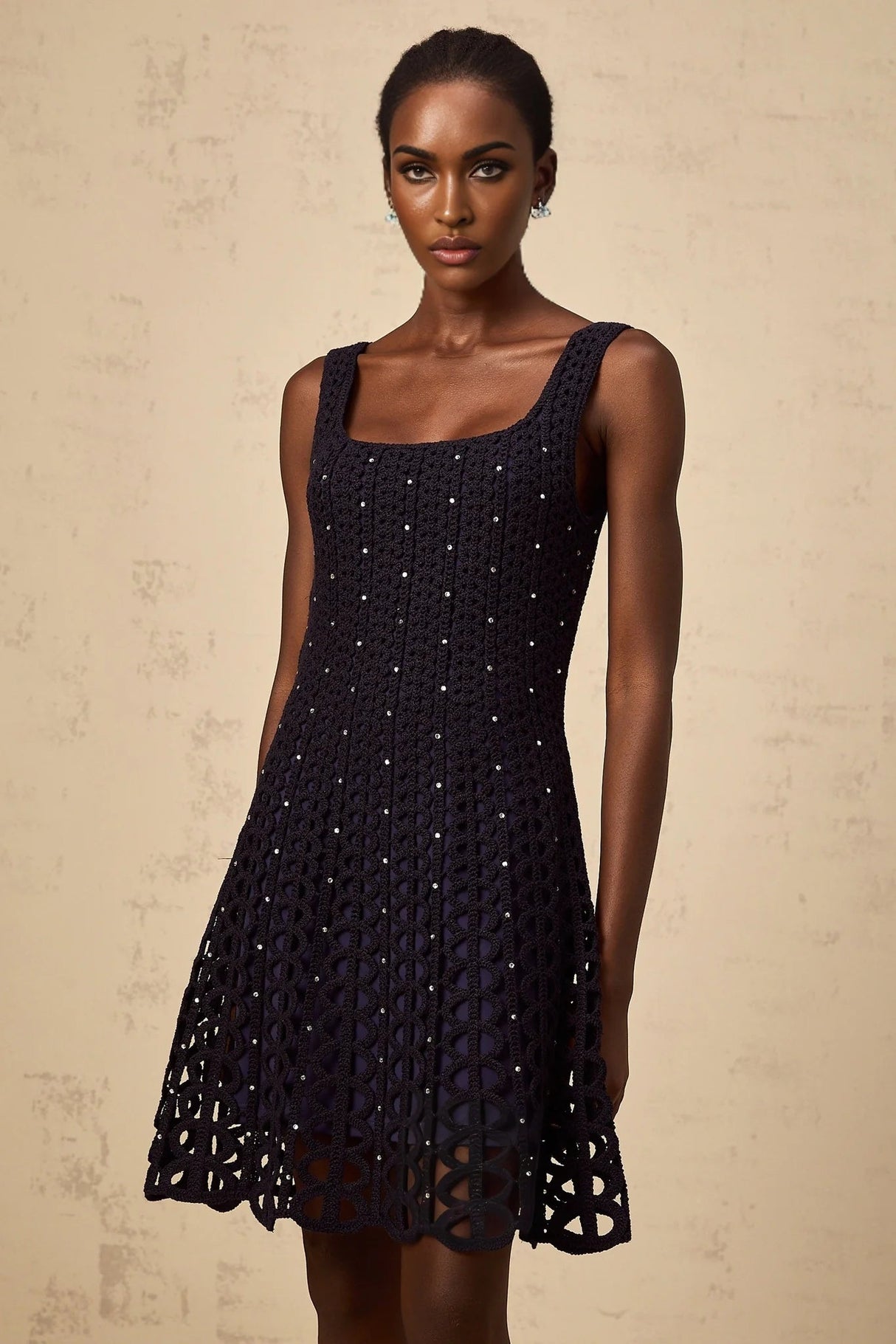 Amy Mini Dress Dark - Blue Crochet - Knit Rhinestone Embellished