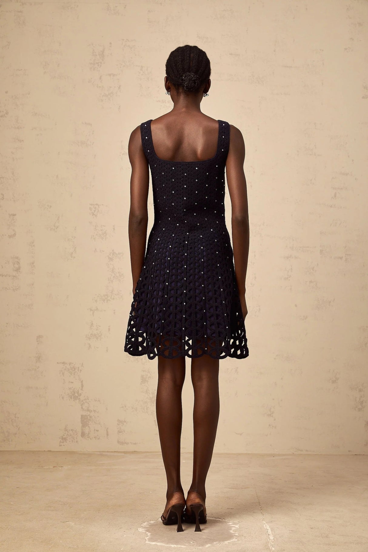 Amy Mini Dress Dark - Blue Crochet - Knit Rhinestone Embellished