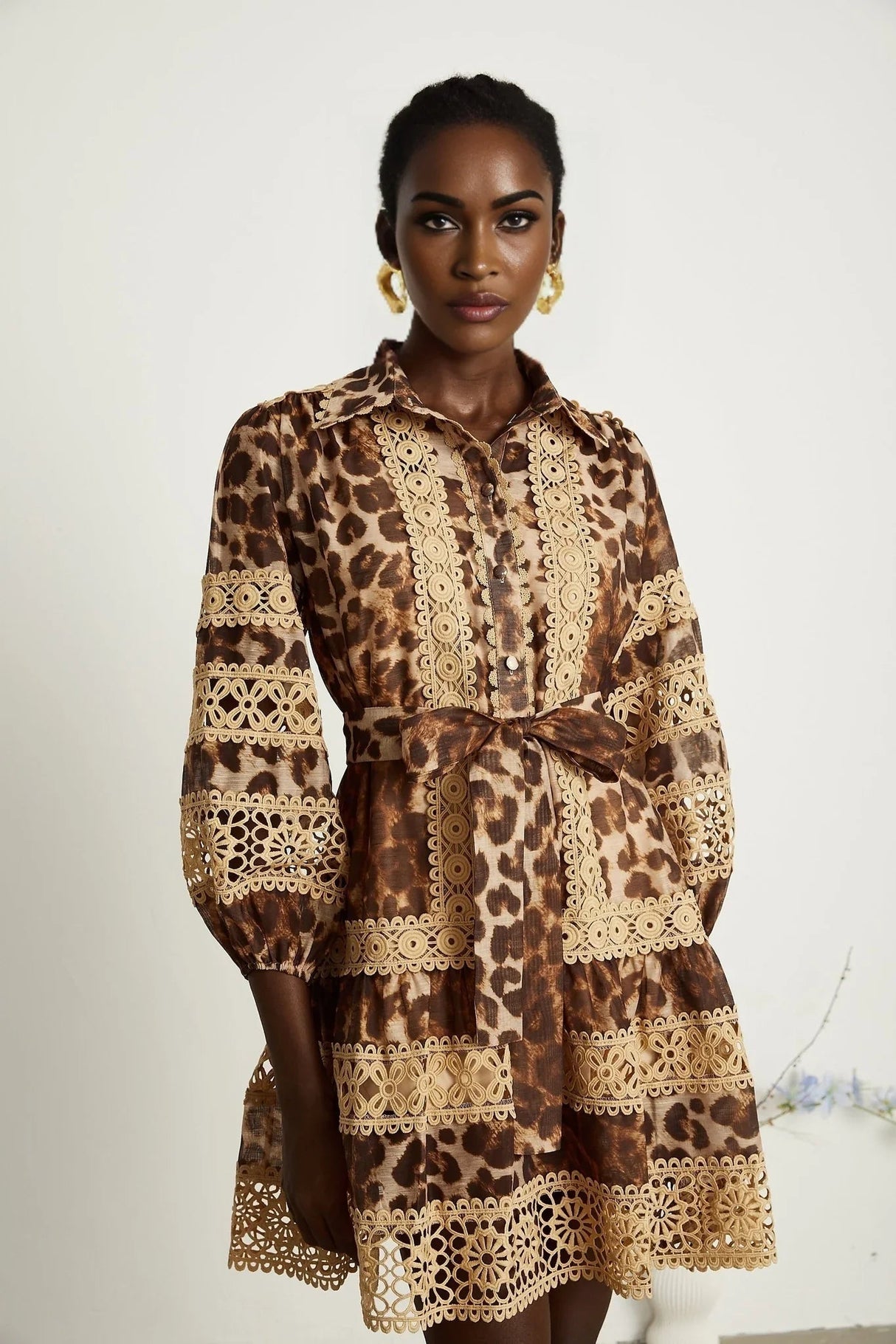 Amy Mini Dress - Lapel Detail - Leopard - Cut - Out Design - Button Fastening