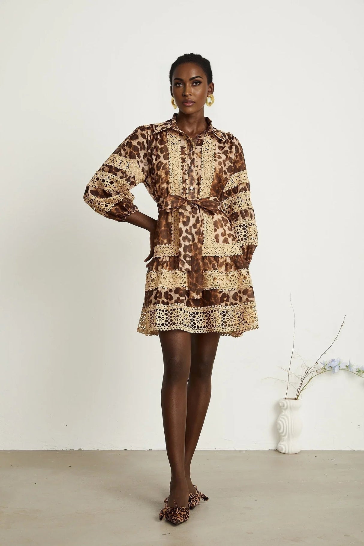 Amy Mini Dress - Lapel Detail - Leopard - Cut - Out Design - Button Fastening