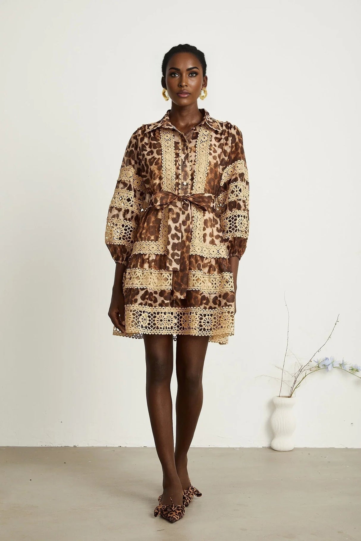 Amy Mini Dress - Lapel Detail - Leopard - Cut - Out Design - Button Fastening