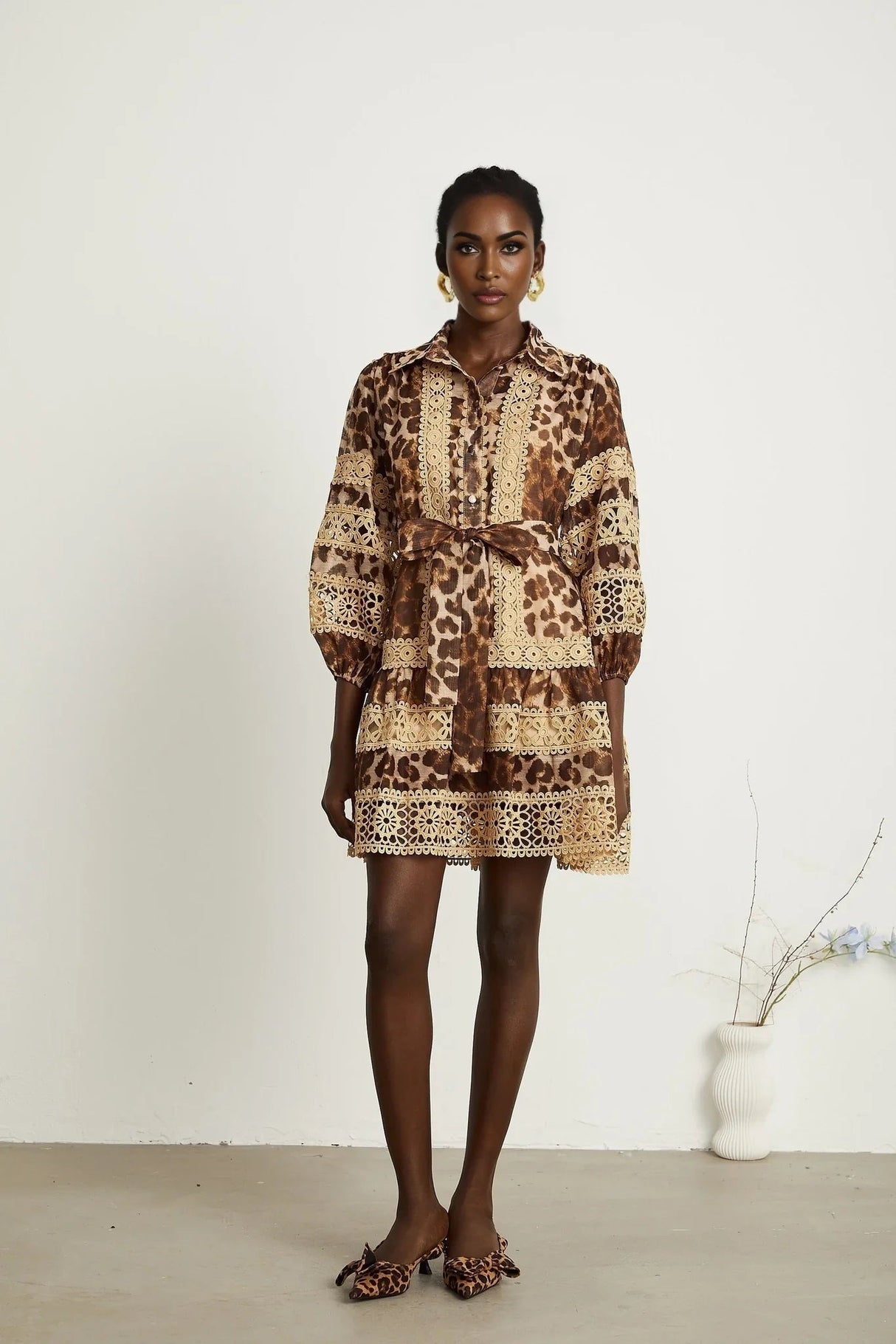 Amy Mini Dress - Lapel Detail - Leopard - Cut - Out Design - Button Fastening