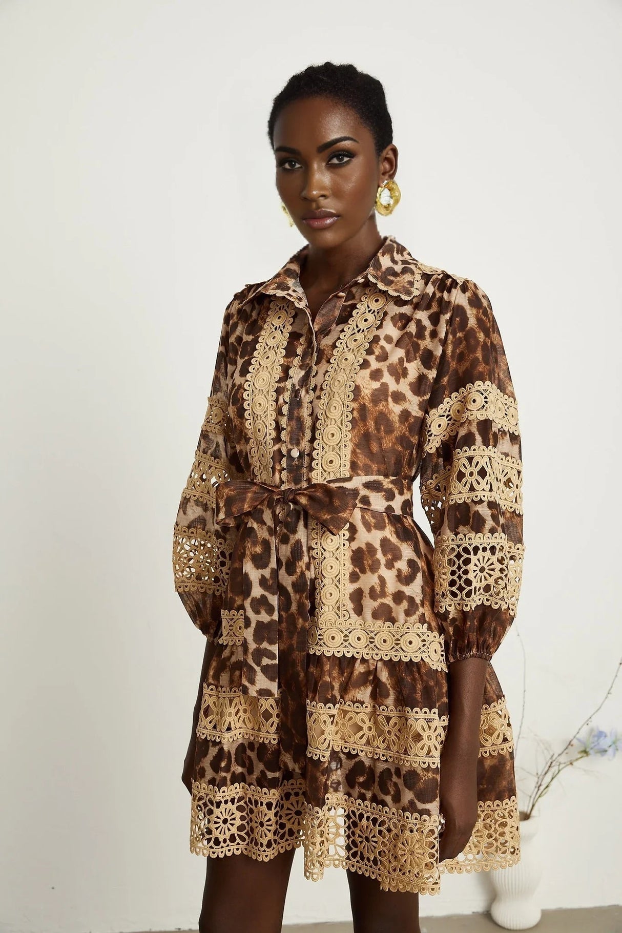 Amy Mini Dress - Lapel Detail - Leopard - Cut - Out Design - Button Fastening