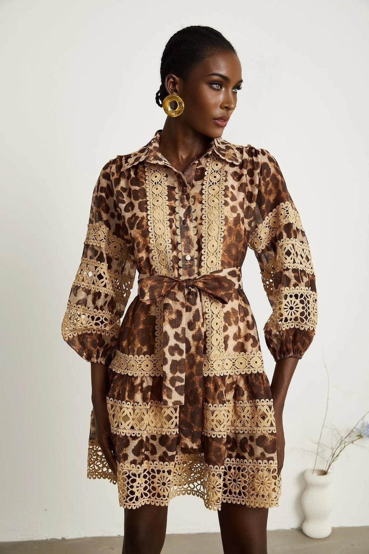 Amy Mini Dress - Lapel Detail - Leopard - Cut - Out Design - Button Fastening