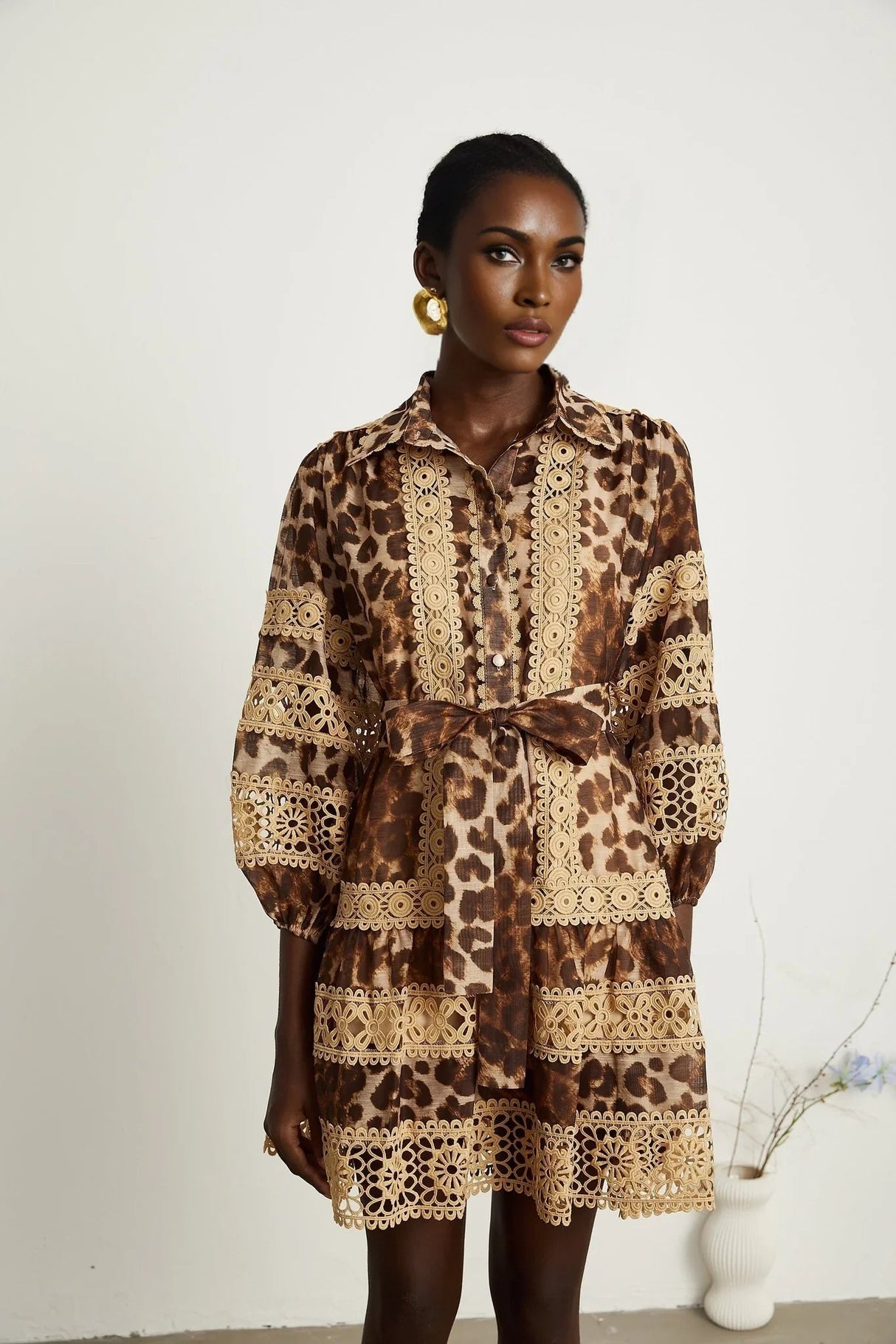 Amy Mini Dress - Lapel Detail - Leopard - Cut - Out Design - Button Fastening