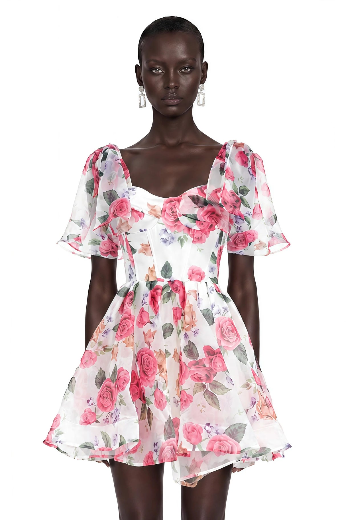 Amy Pink Floral Print Mini Dress with Bow Detail
