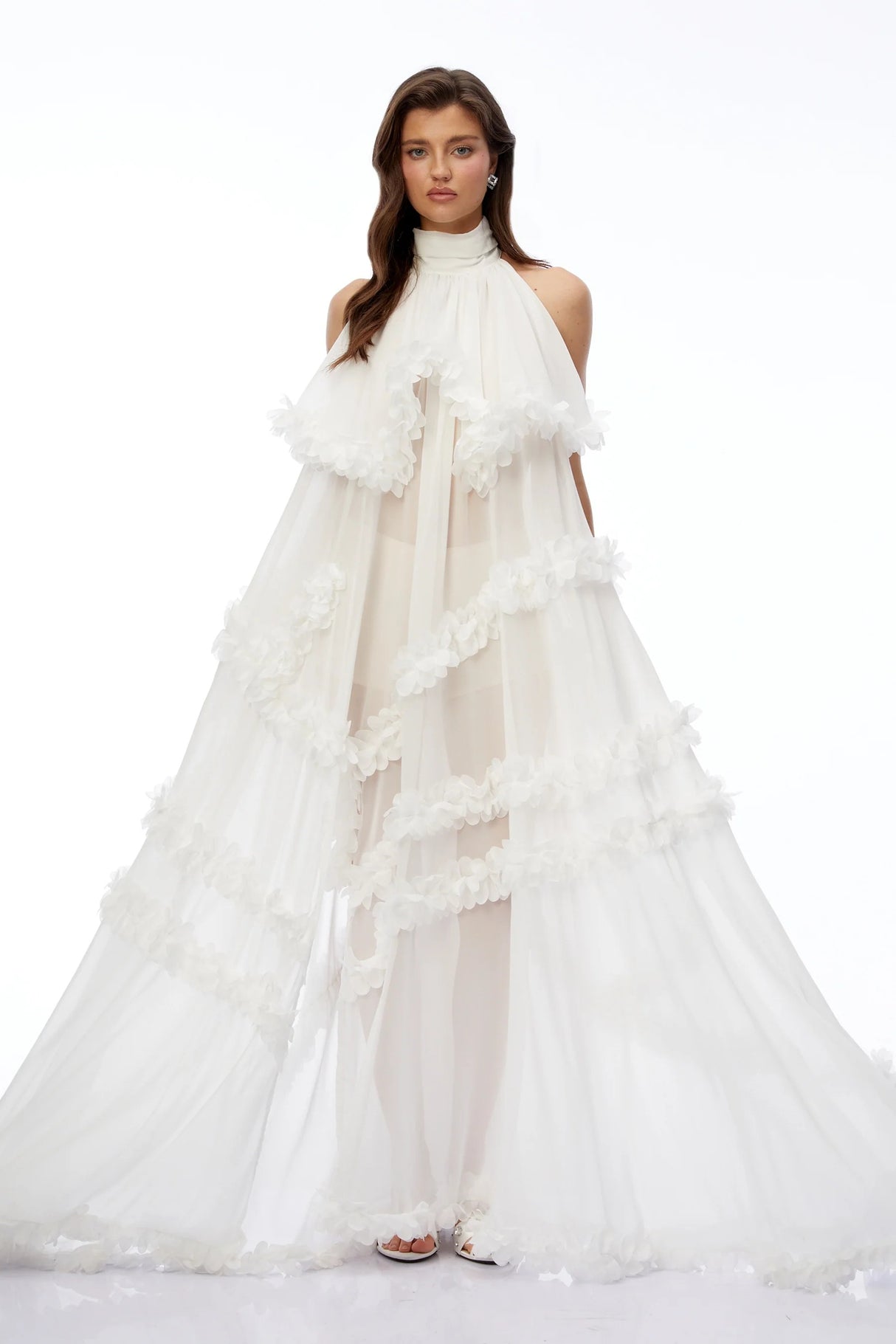 Anahere White Turtleneck Maxi Dress with Slit and 3D Florals