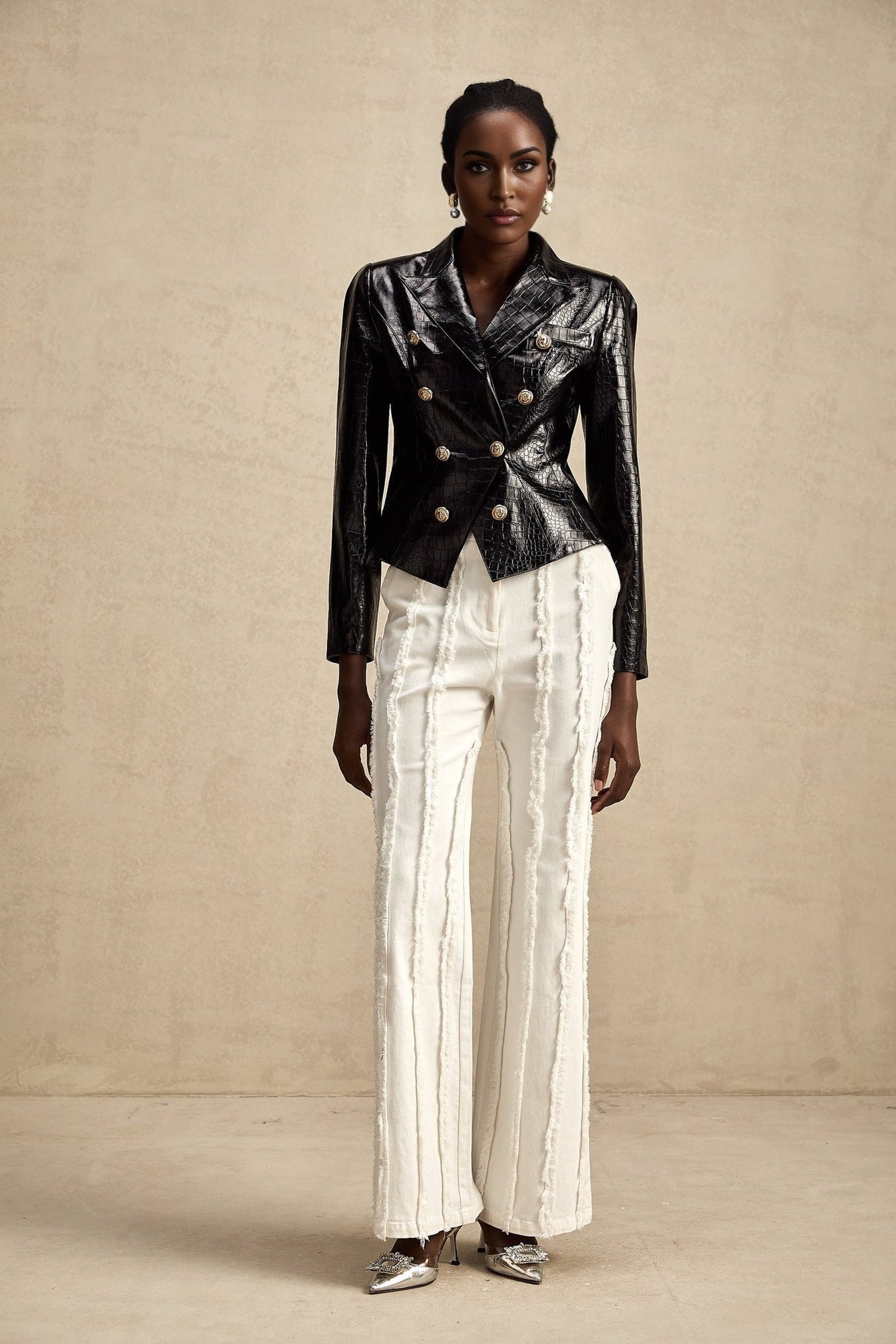 Anastasia Jacket - Peak Lapels - Buttoned Cuffs - Cinched Waist - Patent Finish