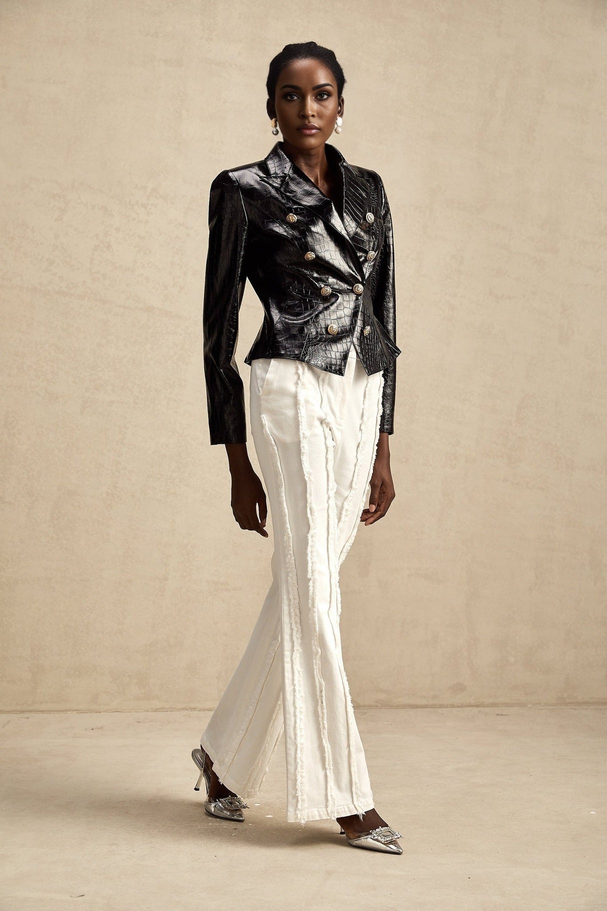 Anastasia Jacket - Peak Lapels - Buttoned Cuffs - Cinched Waist - Patent Finish