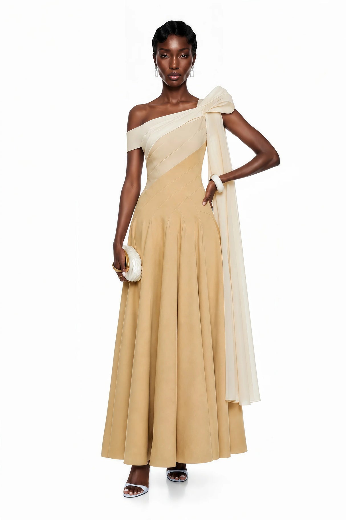 Anastasia Khaki Pleated Maxi Dress with TieWaist Bow Detail