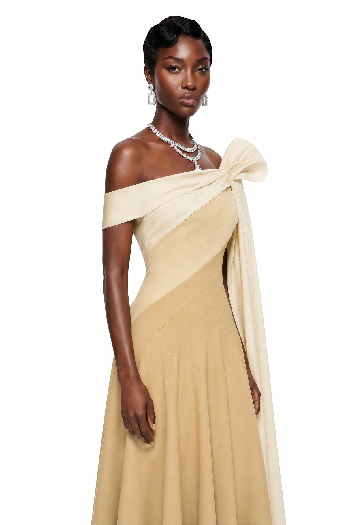 Anastasia Khaki Pleated Maxi Dress with TieWaist Bow Detail