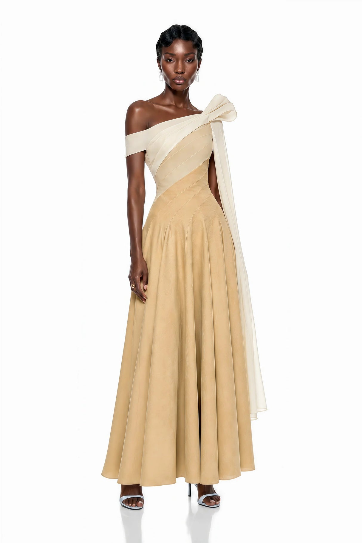 Anastasia Khaki Pleated Maxi Dress with TieWaist Bow Detail