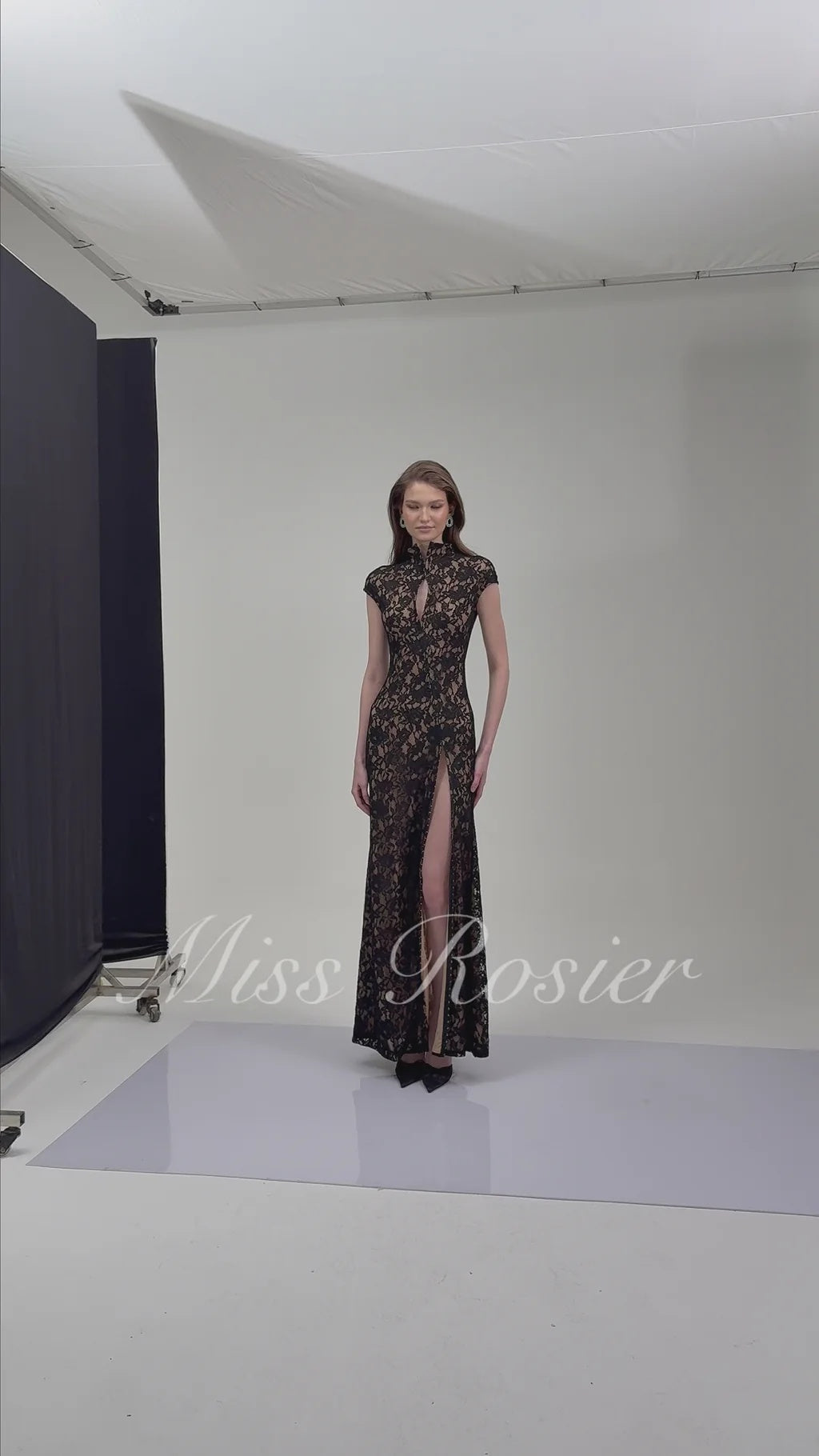 Andrea Black Keyhole Lace Maxi Dress with High Thigh Slit