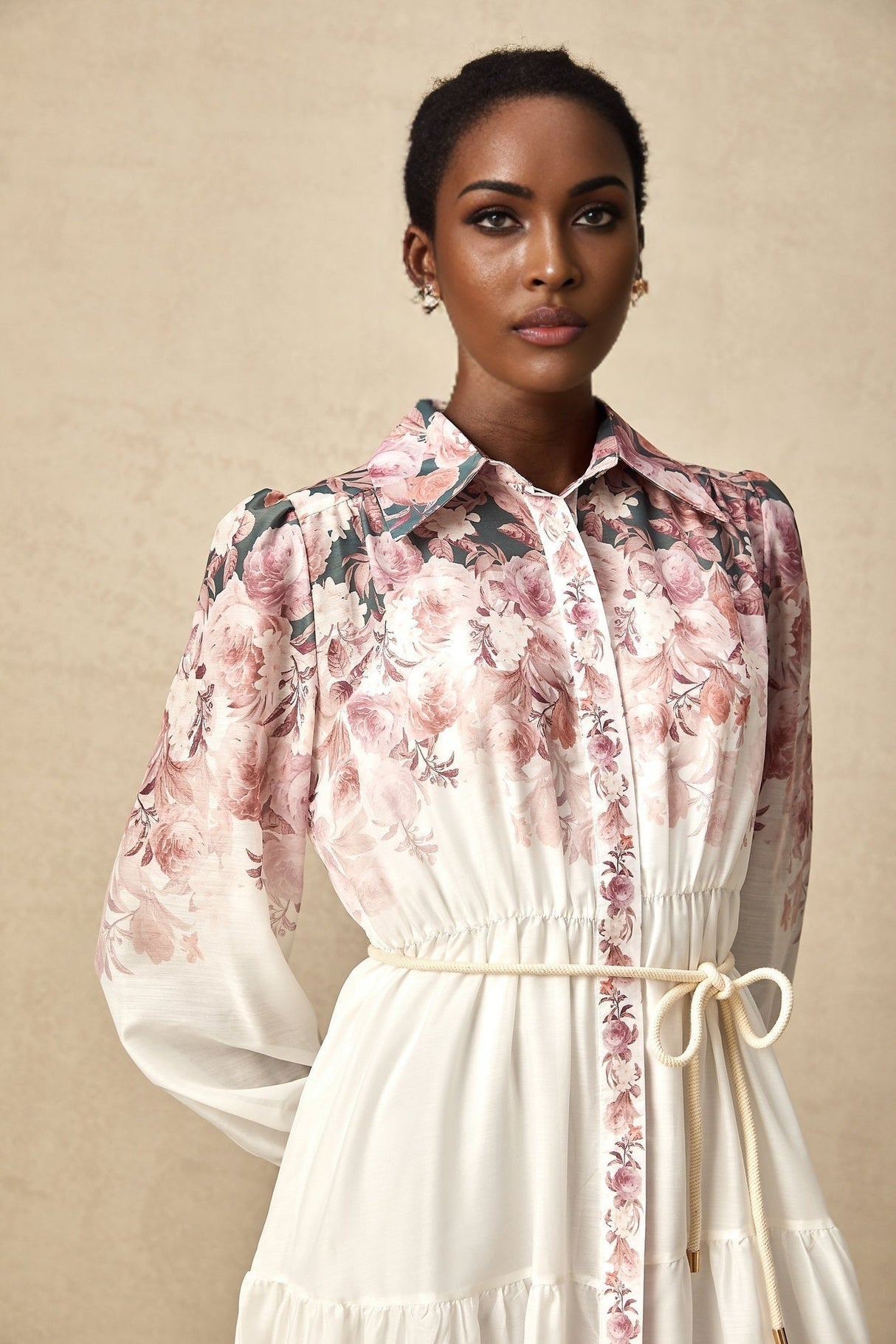 Andrea Floral Midi Dress - Classic Collar - Long Lantern Sleeves - Tied Waist Feature - Single - Breasted Button Fastening