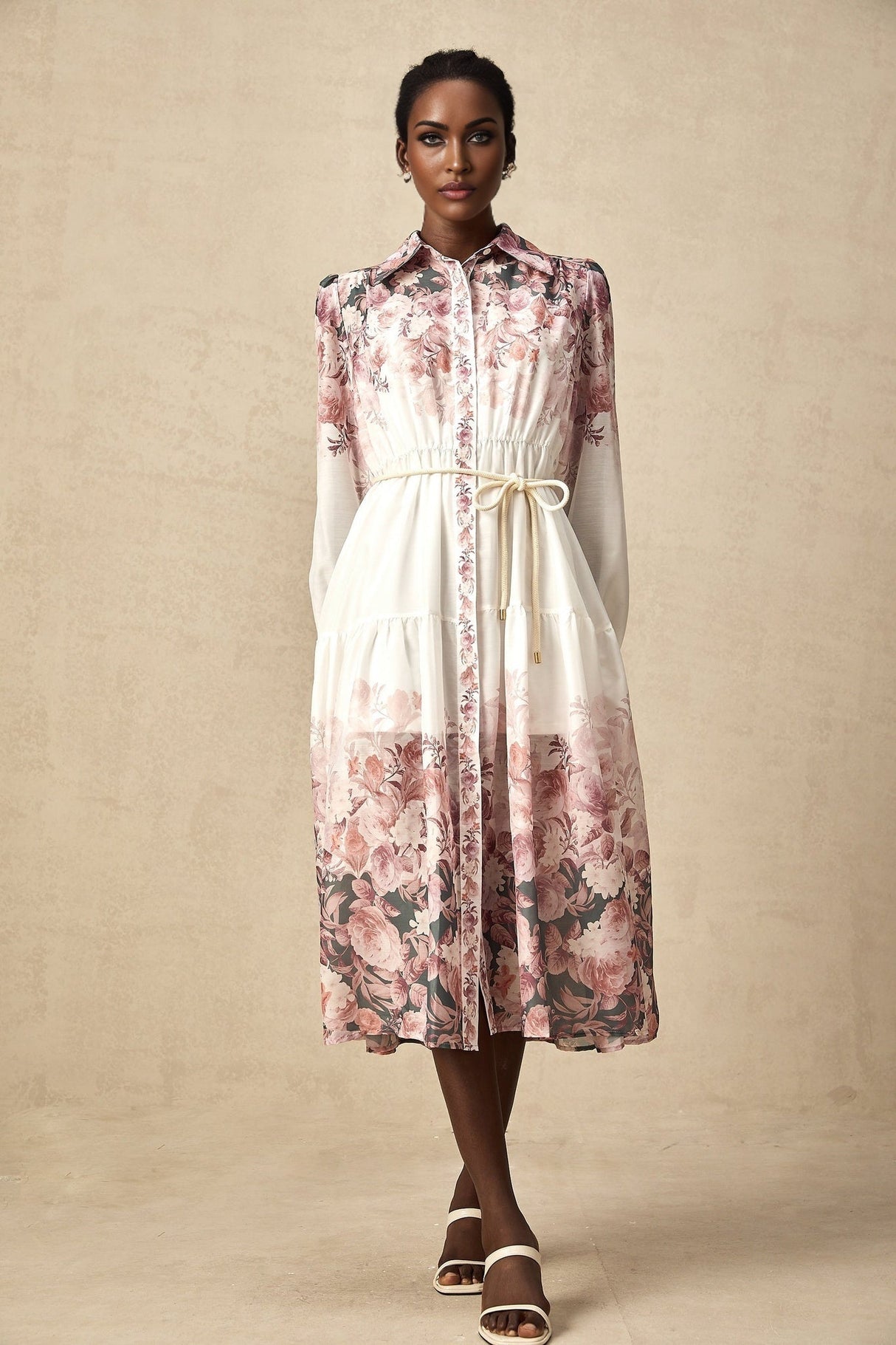 Andrea Floral Midi Dress - Classic Collar - Long Lantern Sleeves - Tied Waist Feature - Single - Breasted Button Fastening