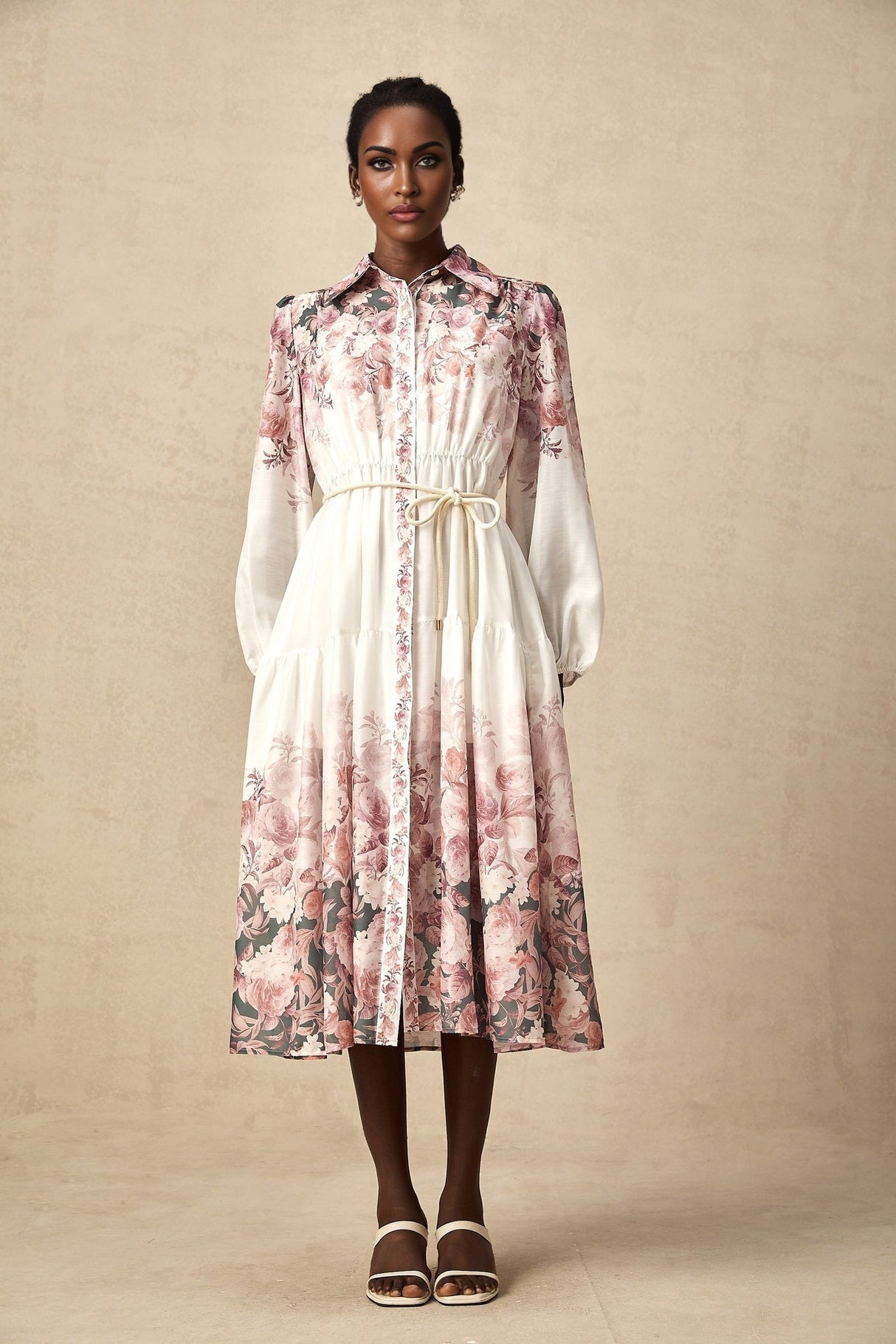 Andrea Floral Midi Dress - Classic Collar - Long Lantern Sleeves - Tied Waist Feature - Single - Breasted Button Fastening