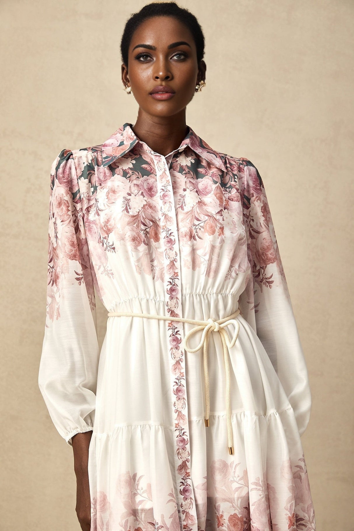 Andrea Floral Midi Dress - Classic Collar - Long Lantern Sleeves - Tied Waist Feature - Single - Breasted Button Fastening