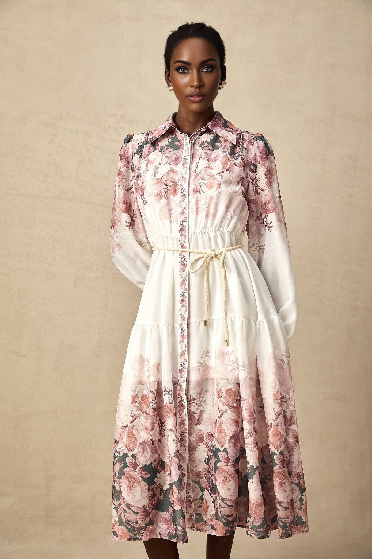 Andrea Floral Midi Dress - Classic Collar - Long Lantern Sleeves - Tied Waist Feature - Single - Breasted Button Fastening