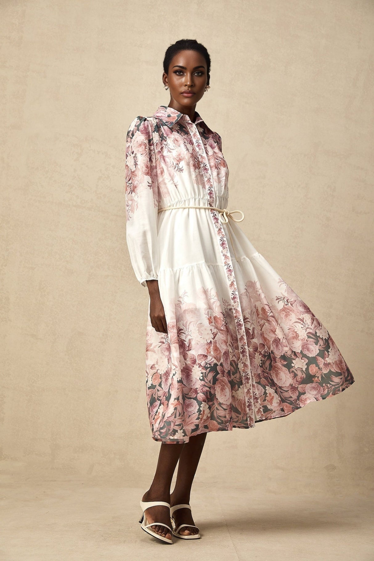 Andrea Floral Midi Dress - Classic Collar - Long Lantern Sleeves - Tied Waist Feature - Single - Breasted Button Fastening